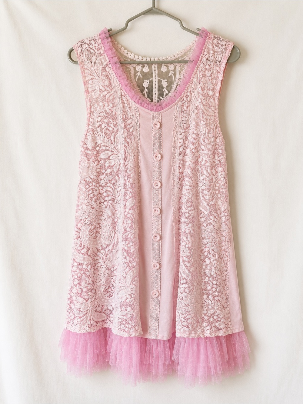 Pink Lace & Tulle Sleeveless Button Front Dress